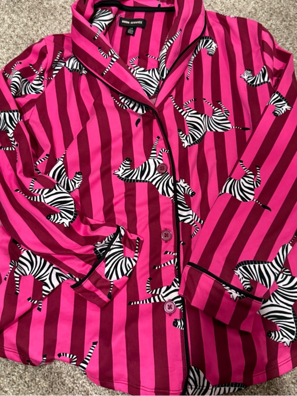 Room Service Bright Pink Striped Zebra Button-Up Top and Pants